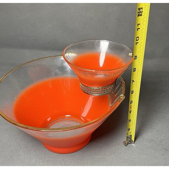Vintage  Red/Orange Blendo Frosted 1965 Chip & Dip Bowl Set MCM Retro - Picture 7 of 9
